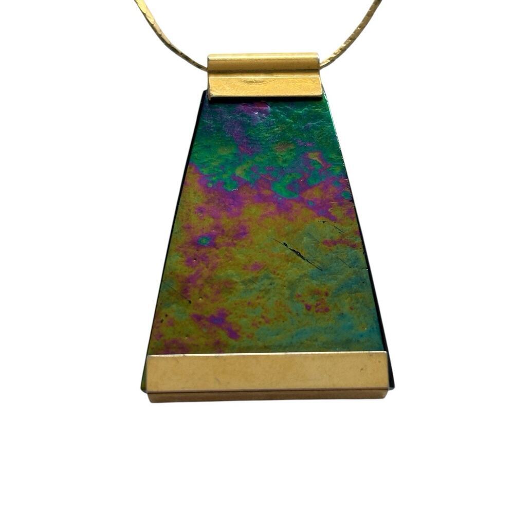 Rainbow Boho Gold Dichroic Glass Pendant Gold Tone Necklace 18” Vintage